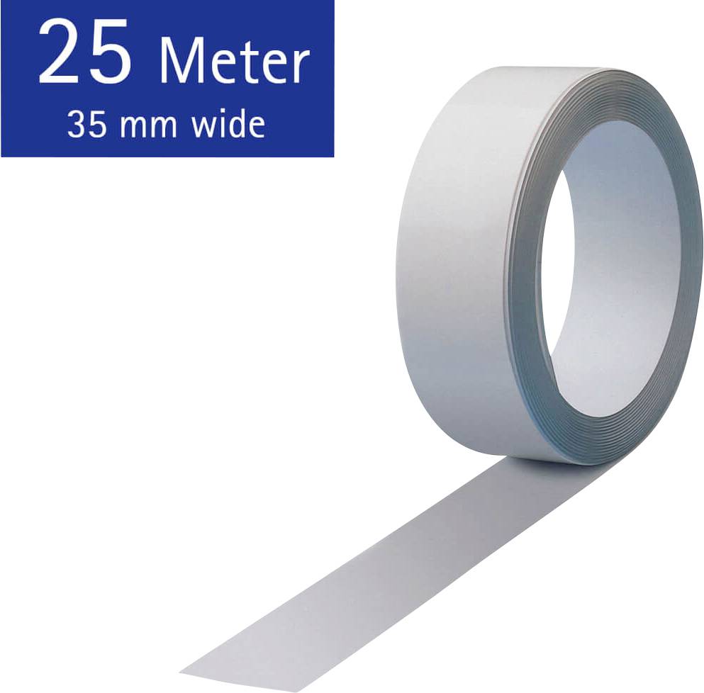 Na levém horním okraji je napsáno „25 metrů, 35 mm široké". Na obrázku je role šedé lepicí pásky, která se odvíjí zprava doleva.