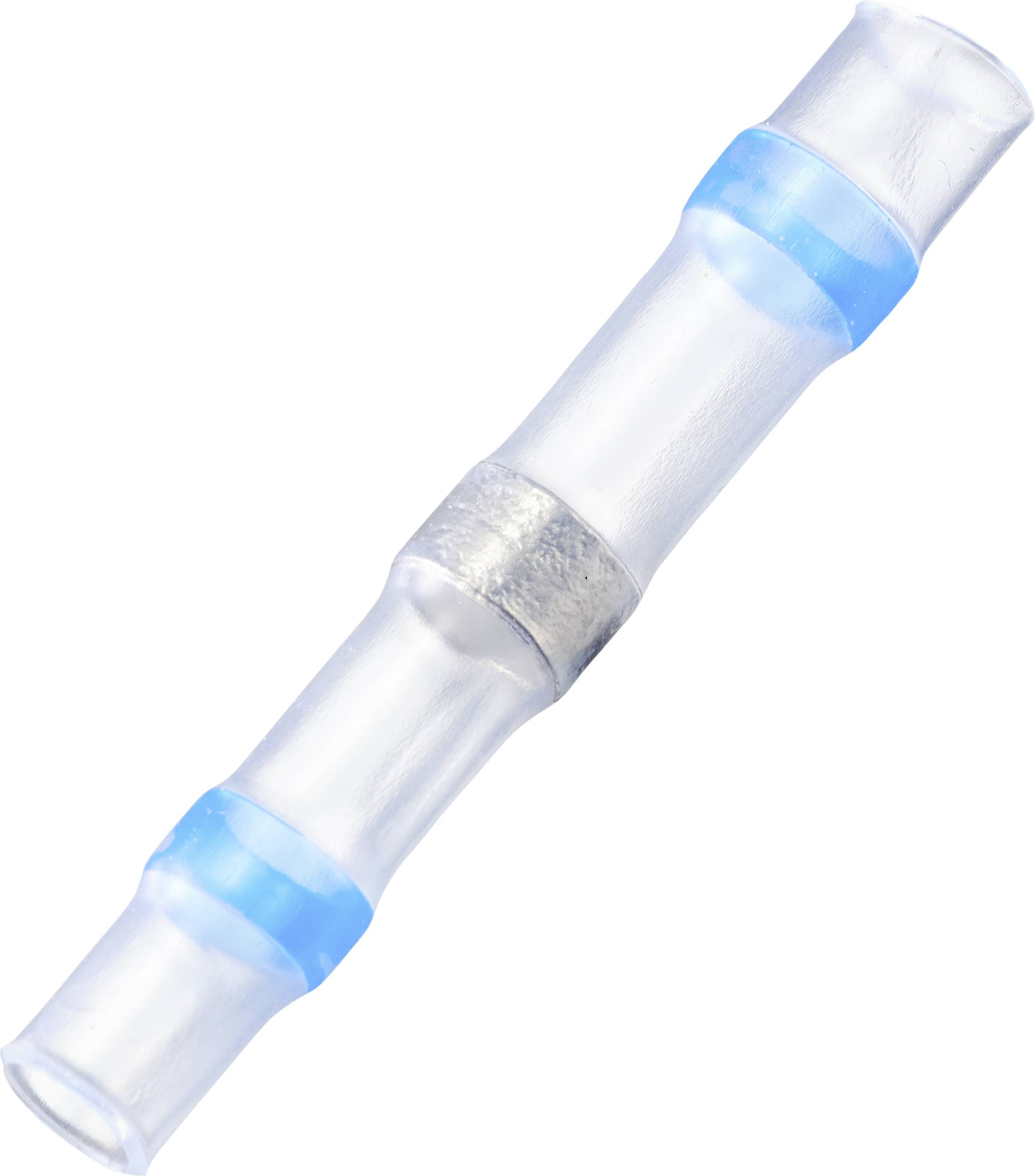 Jasný kabelový spoj s modrými těsnicími kroužky a kovovým konektorem uprostřed. Používá se pro bezpečné propojení kabelů.