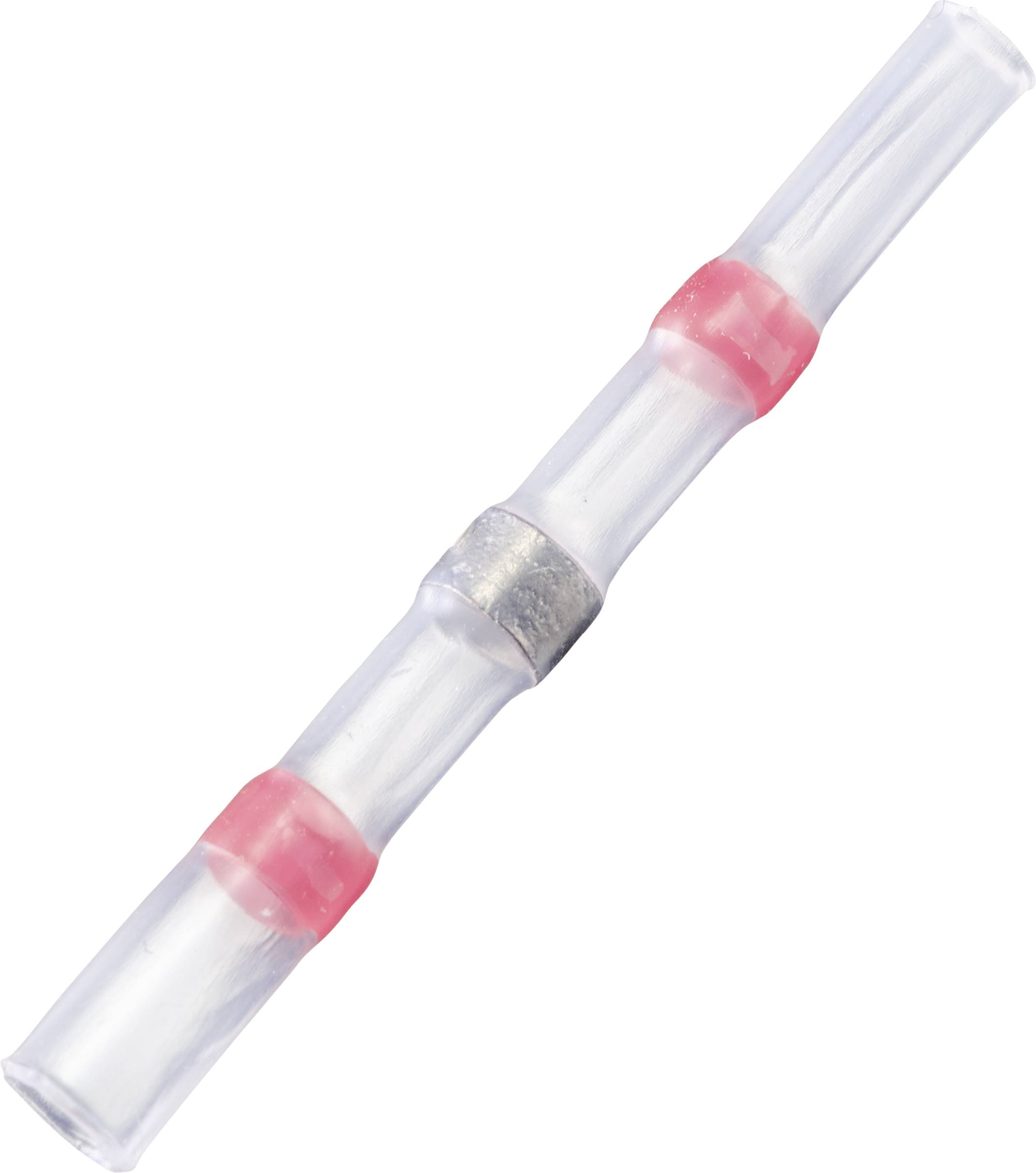 Průhledný spojovací prvek se dvěma červenými kroužky, který propojuje dva kabely.