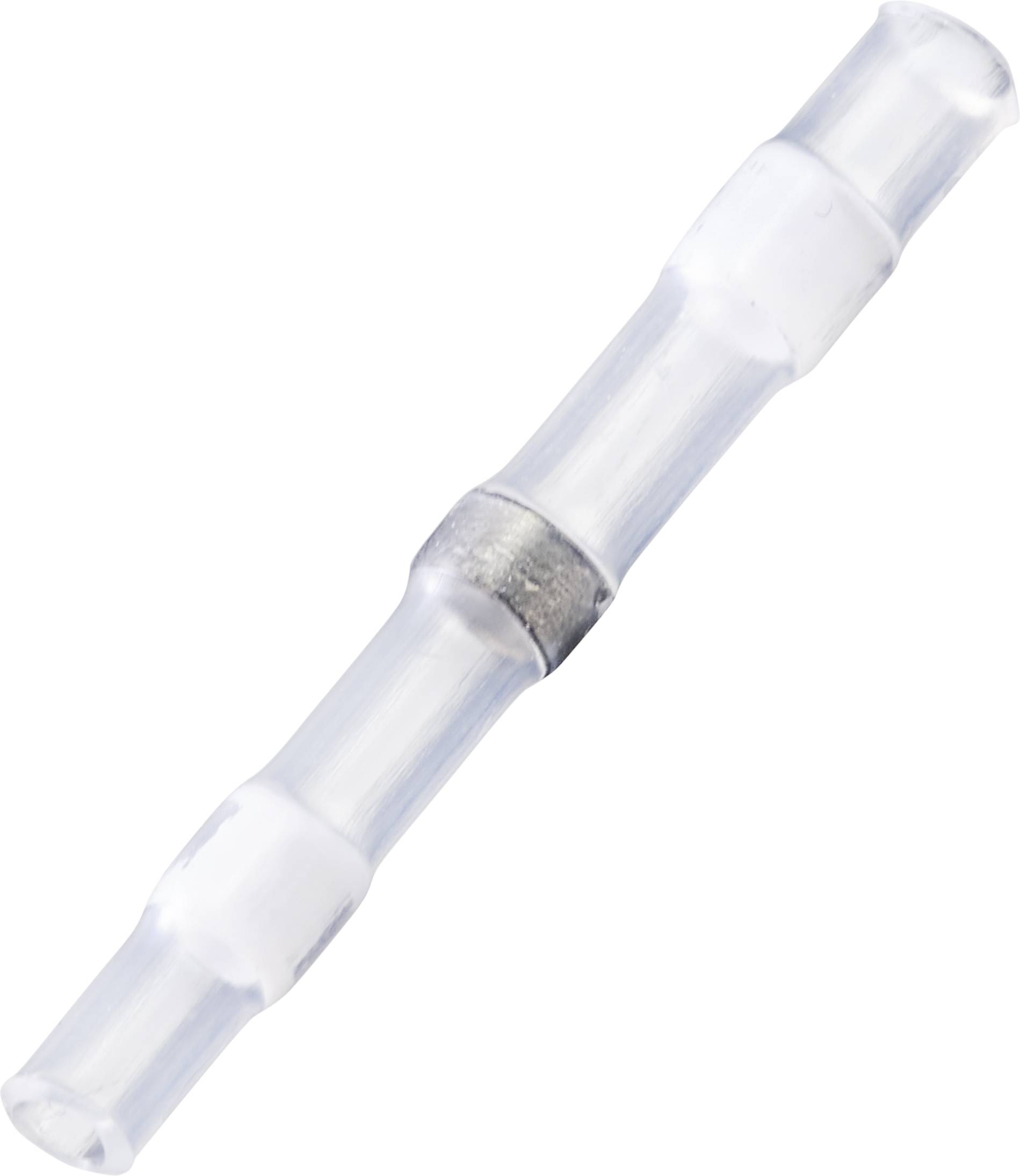 Průhledný smršťovací kabelový spojovací prvek s kovovým spojovacím prvkem uprostřed, používaný k bezpečné izolaci kabelů.