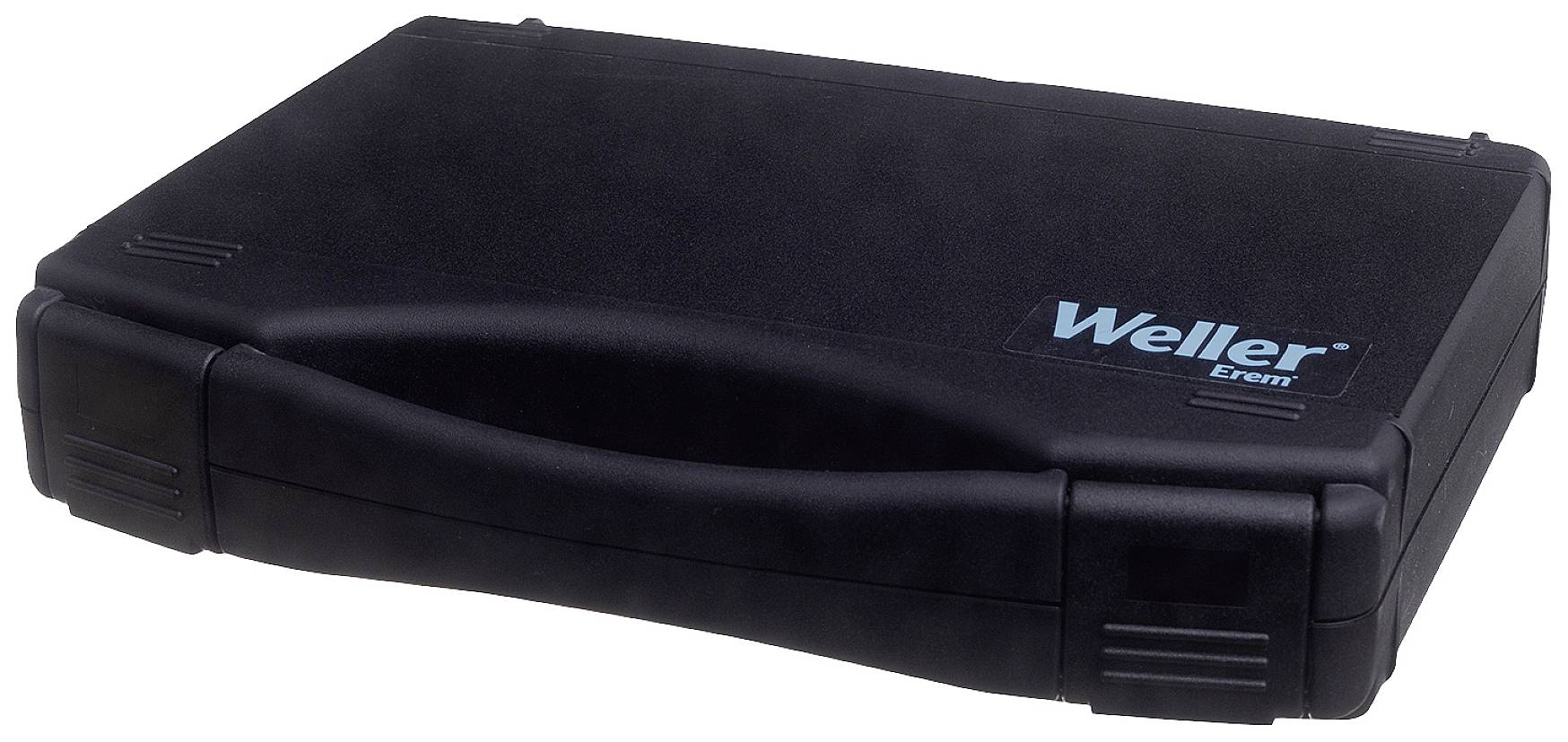Černý plastový kufřík s logem 'Weller' na horní straně.