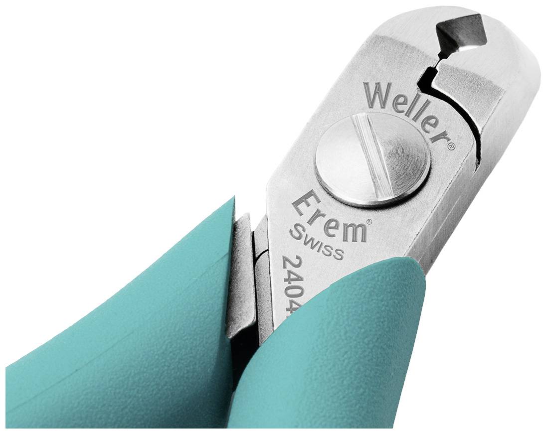 Kleště se zelenou rukojetí, s razítkem 'Weller Erem Swiss 2404'. Primárně používané pro stříhání drátů.