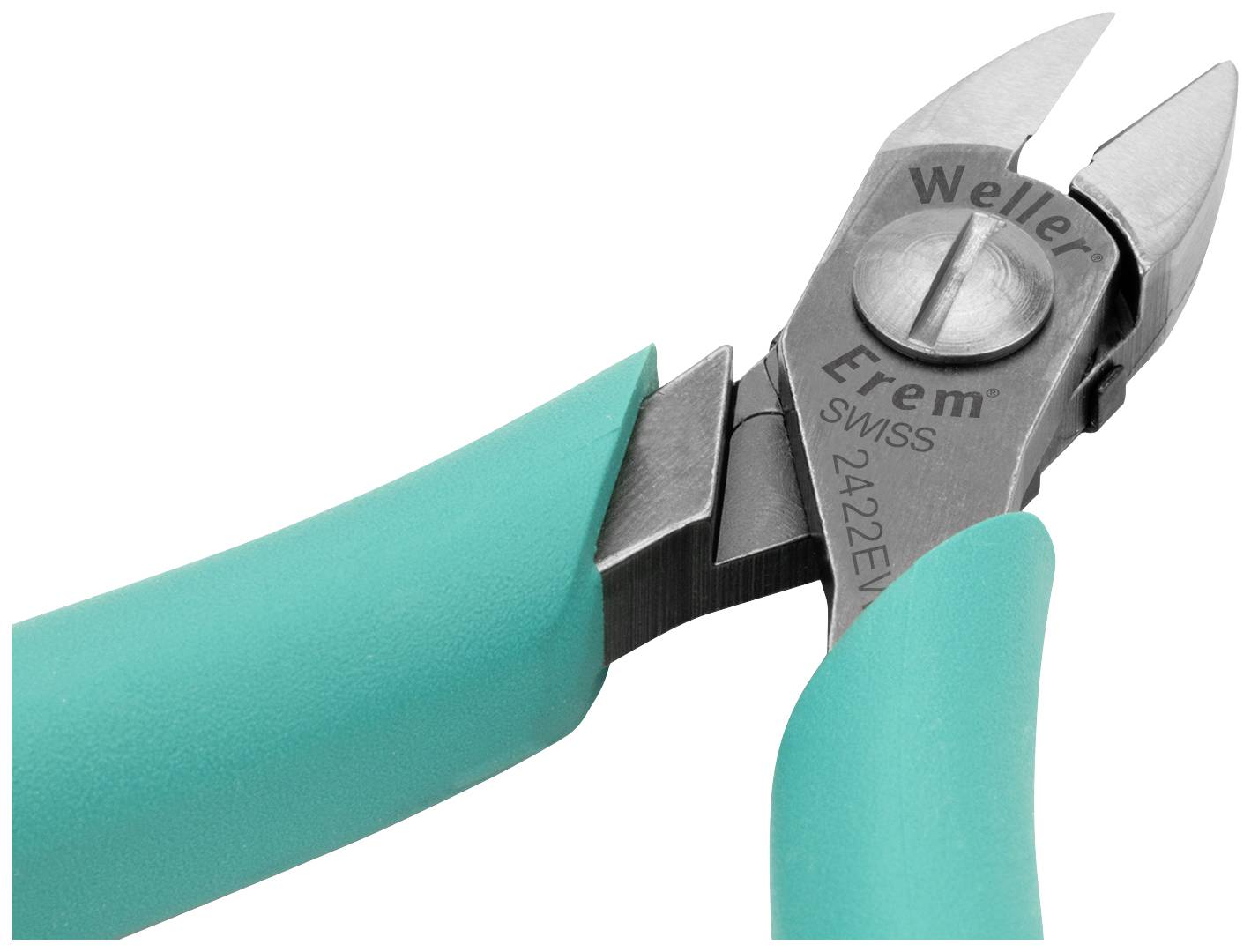 Štípací kleště v detailním záběru, zeleno-tyrkysové rukojeti, stříbrné čepele, vhodné pro řezání drátů.