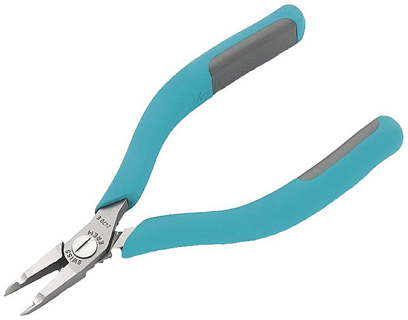 Modrá kleště s šedými rukojeťmi ležící rovně na povrchu. Vhodné pro přesné řemeslnické práce.