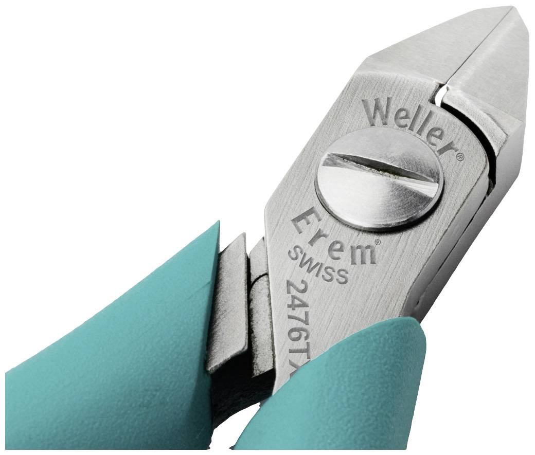 Šikmé štípací kleště s tyrkysovými rukojeťmi a nápisem 'Weller Erem SWISS 2416TX'. Používány pro přesné stříhání.