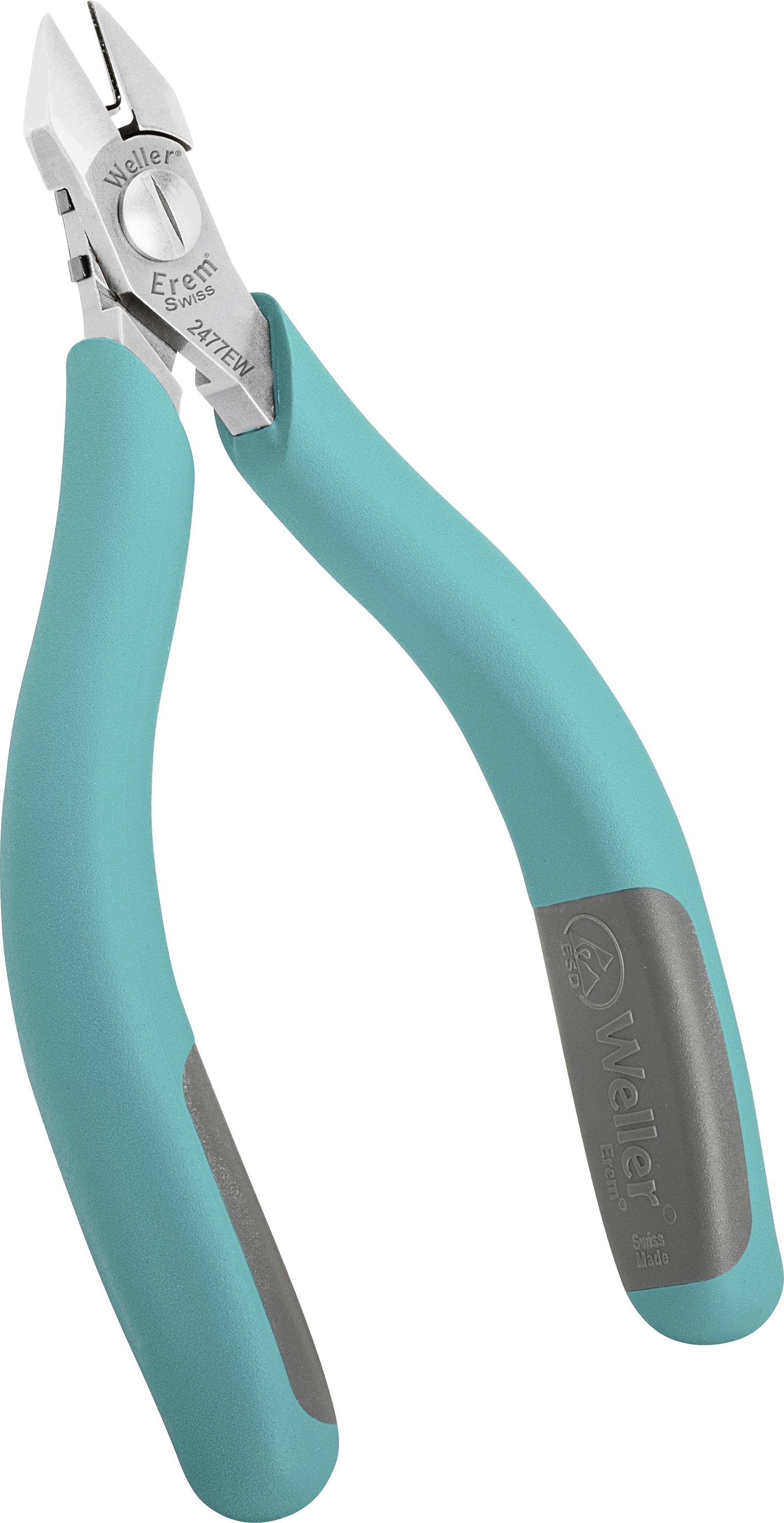 Malé zelené kleště s šedými rukojeťmi, vhodné pro přesné řezání při elektrotechnických nebo jemně mechanických pracích.