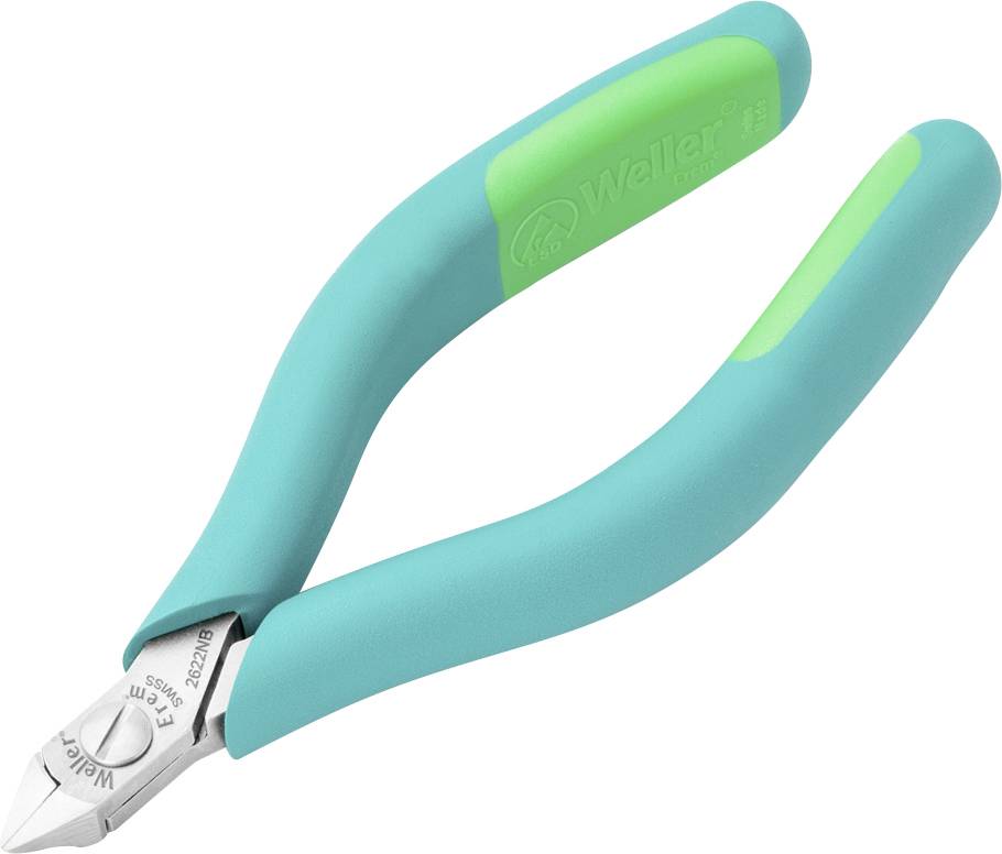 Štípací kleště v tyrkysovo-zelené barvě s kovovým ostřím, vhodné pro práci s drátem a elektronikou. Ergonomická rukojeť.