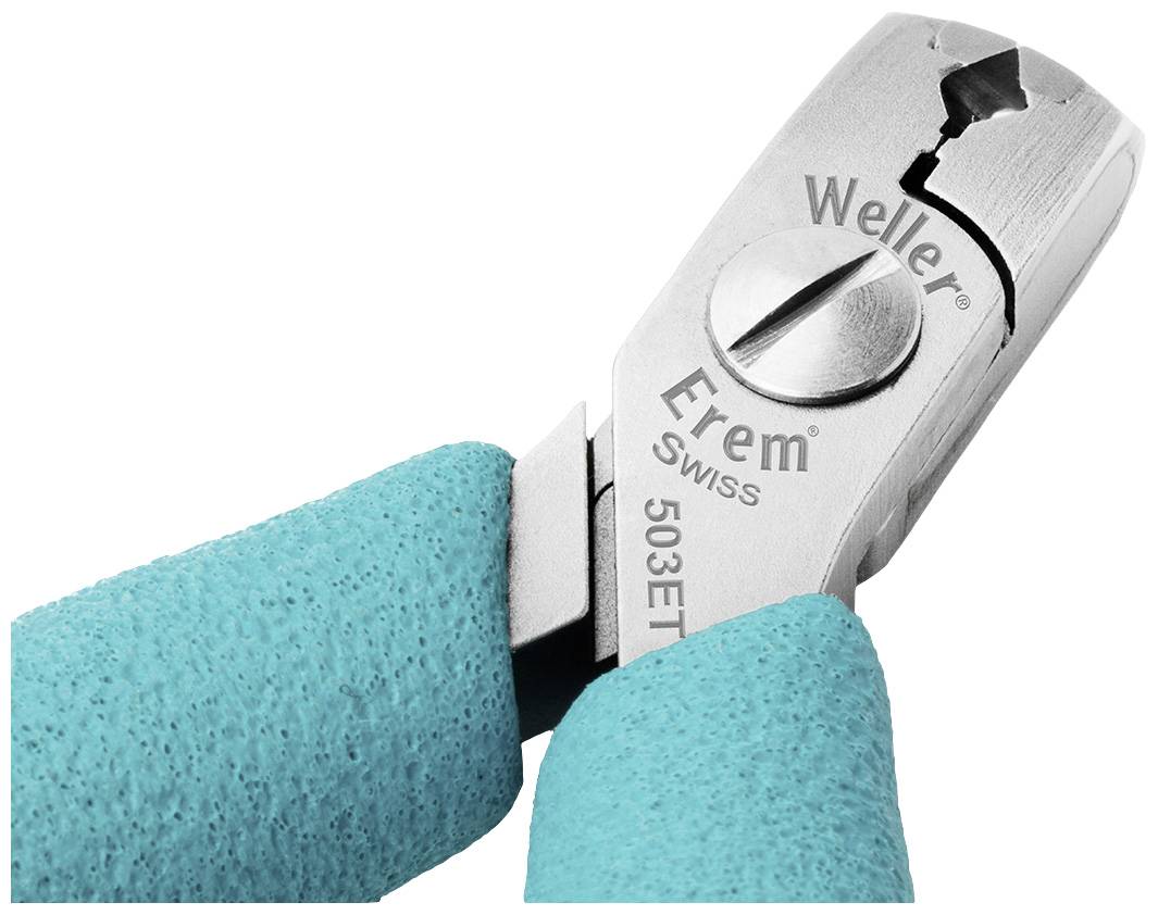 Detailní záběr precizních kleští Weller Erem s modrými rukojeťmi a kovovými čelistmi, vhodných pro jemné řezací práce.