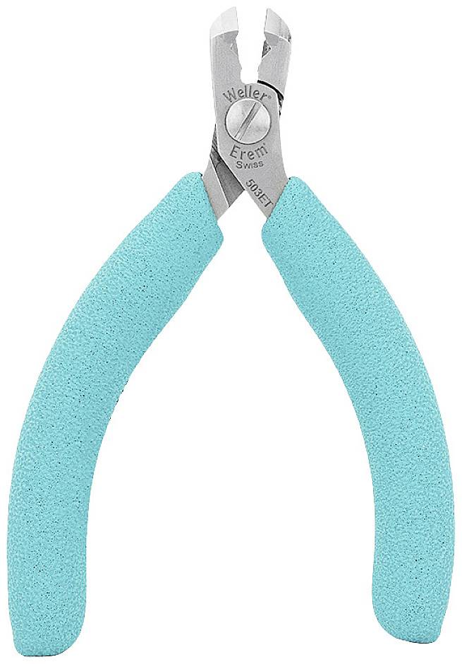 Kleště s tyrkysovo-modrými rukojeťmi, vhodné pro přesné stříhání drátů nebo elektronických komponentů.