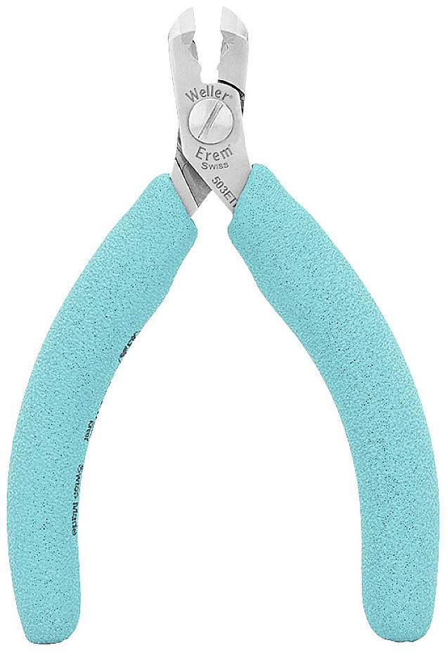 Kleště s světle modrými rukojeťmi, vhodné pro přesné stříhání drátů a jemných kovových dílů, název značky viditelný na kleštích.