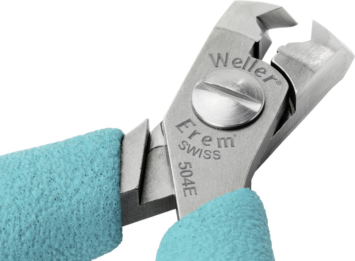 Stříbrné štípací kleště s tyrkysovými rukojeťmi, na nichž je napsáno 'Weller Erem SWISS 504E', zobrazují pohled zepředu na řeznou plochu.
