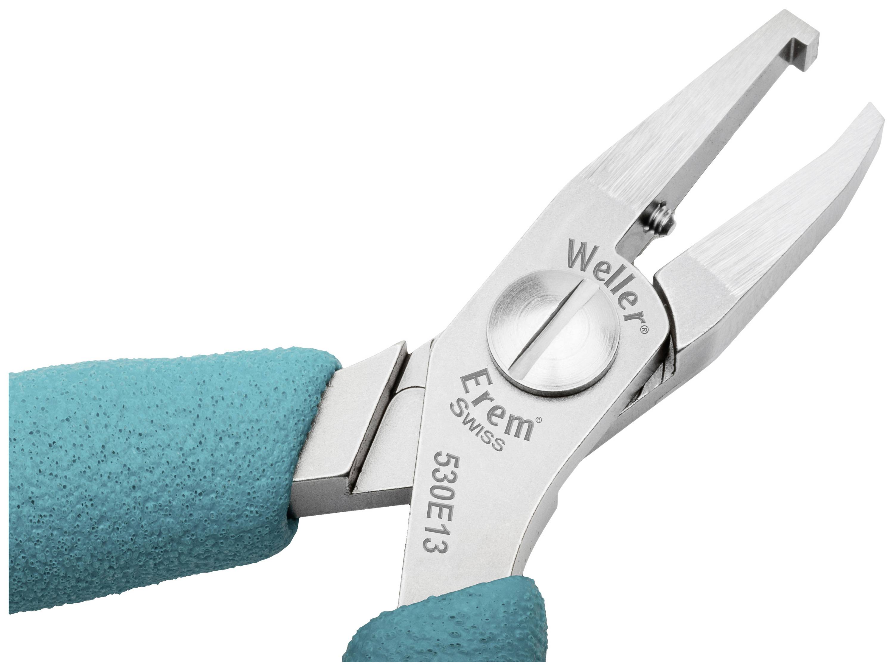 Stříbrné precizní kleště s tyrkysovými rukojeťmi, vhodné pro jemné práce, s nápisem 'Weller Erem SWISS 530E/13'.
