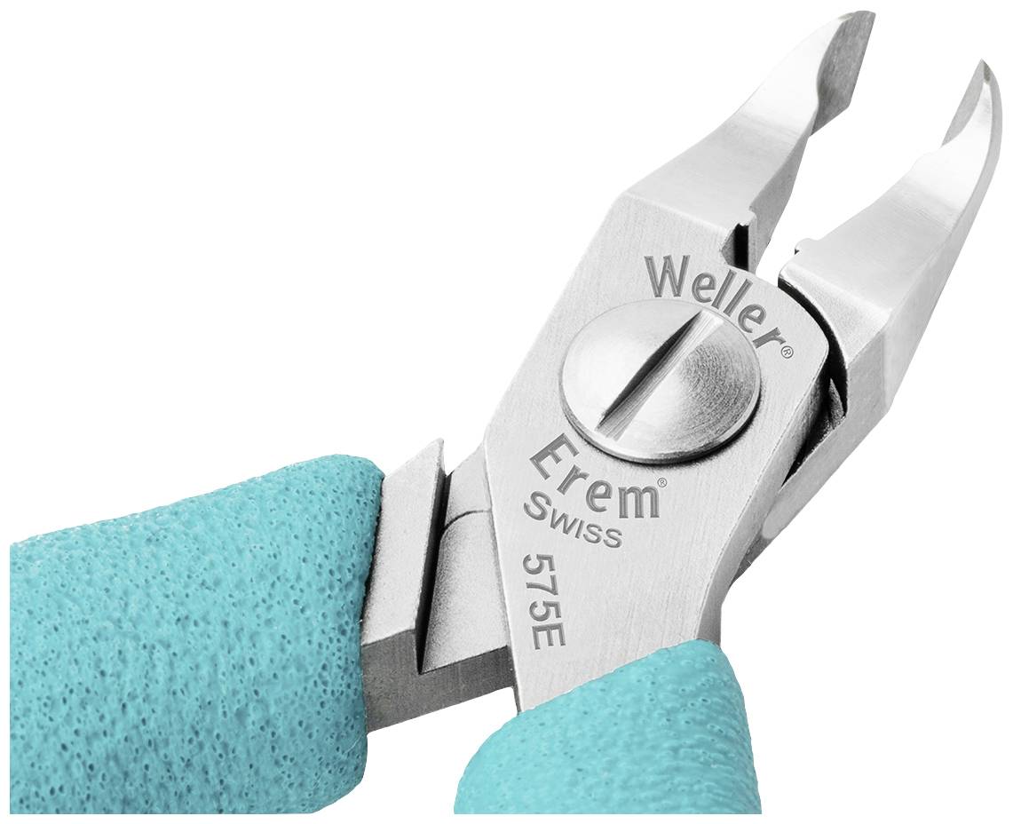 Kleště s modrým držadlem a zahnutými hroty, značka 'Weller Erem', model '575E', jsou umístěny v pohotovostní poloze.