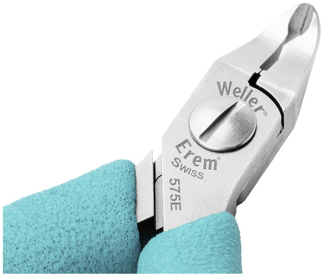 Detailní záběr precizních štípacích kleští Weller Erem 575E s tyrkysovou rukojetí, vhodných pro jemné řezací práce.