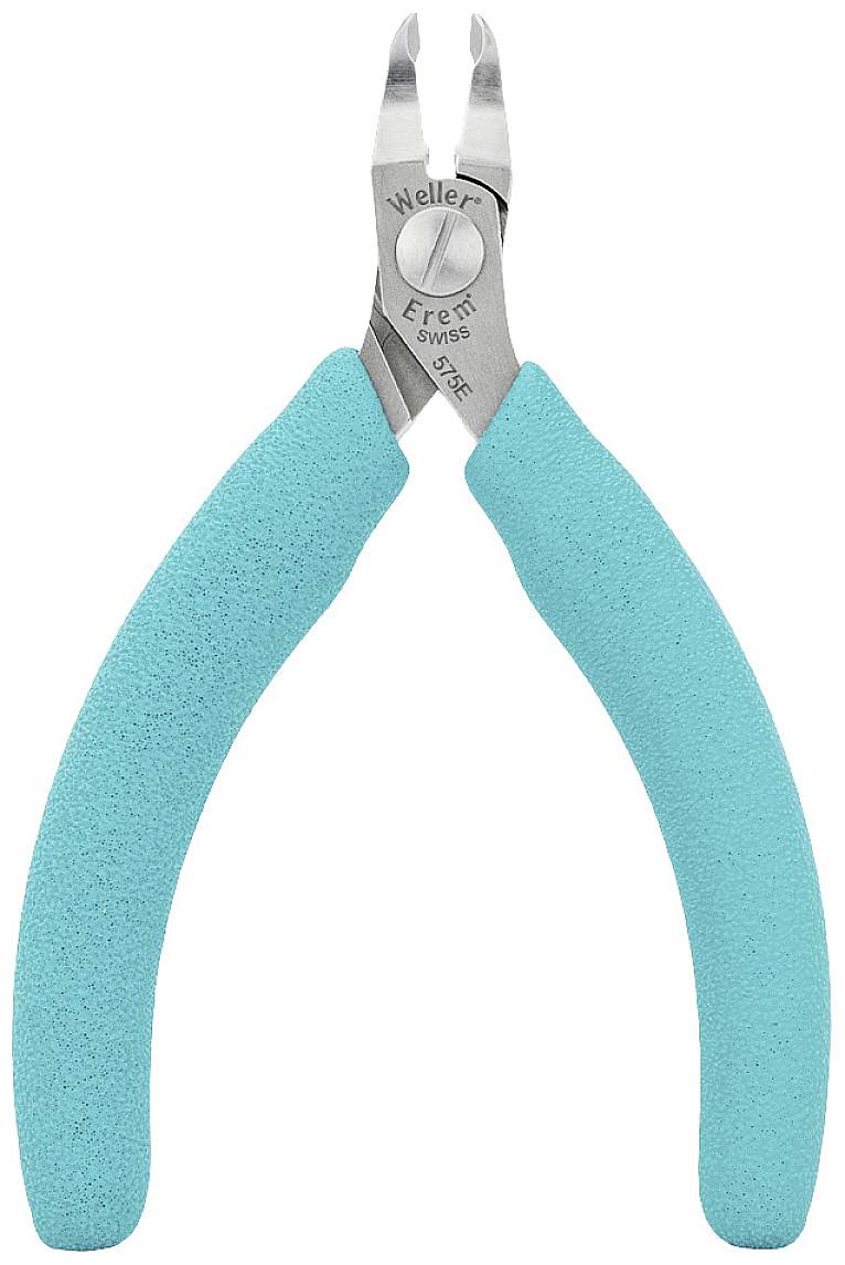 Kleště s tyrkysovými rukojeti a kovovým hrotem, pravděpodobně určené ke stříhání nebo ohýbání drátu.