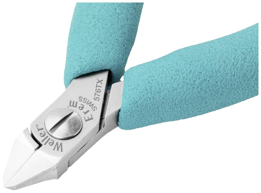 Detailní záběr štípacích kleští s tyrkysovými rukojeťmi, vhodných pro přesné stříhání drátu nebo kabelů.