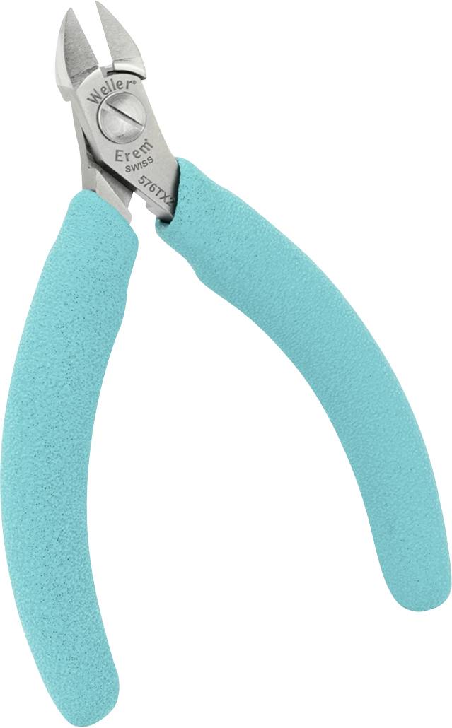 Kleště s modrými rukojeťmi, otevřená řezná plocha. Vhodné pro přesné stříhání drátů a malých předmětů.