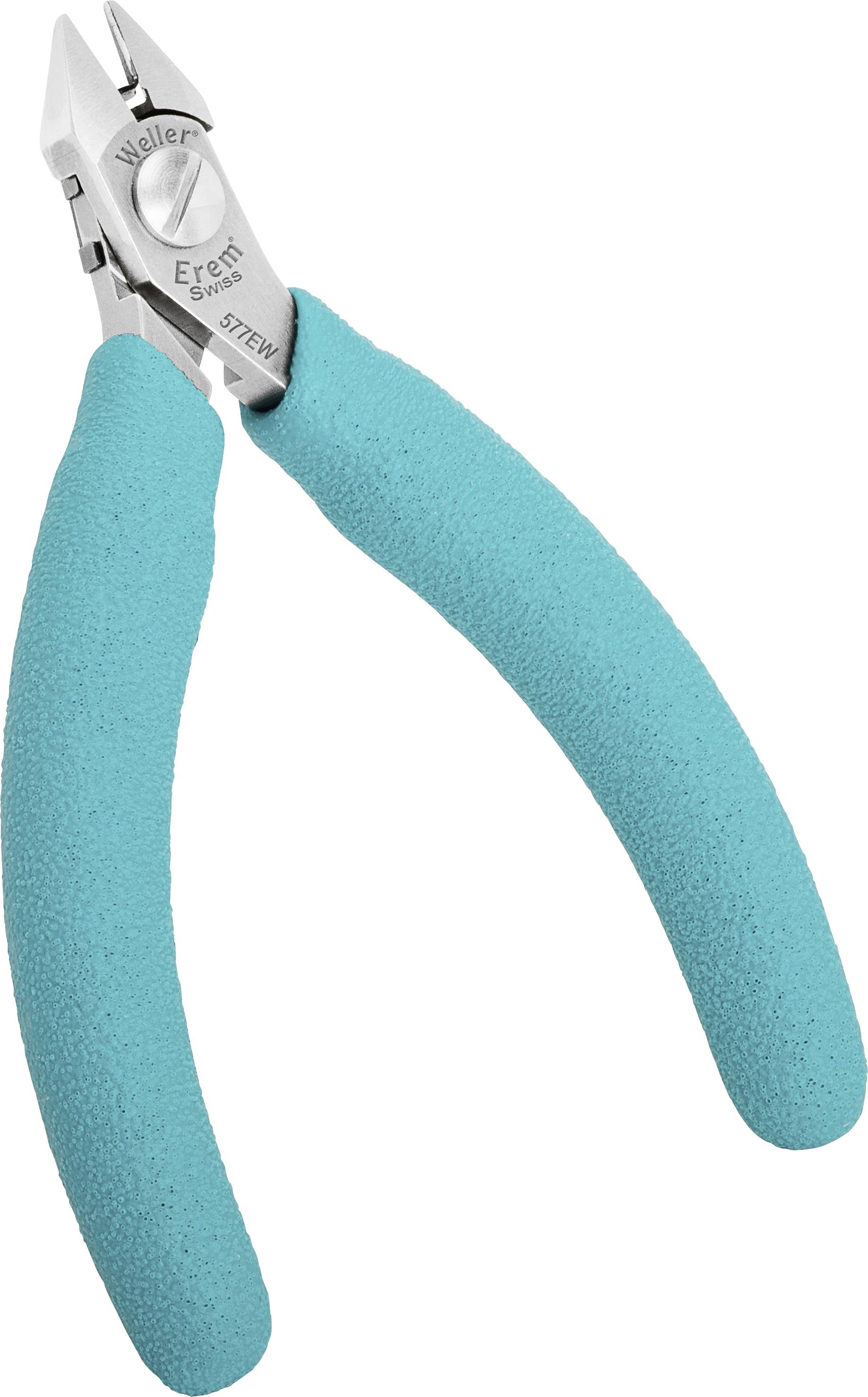 Kleště s tyrkysovými rukojeťmi, s názvem značky 'Erem' a 'Weller' na kovovém povrchu. Vhodné pro přesné řezací práce.