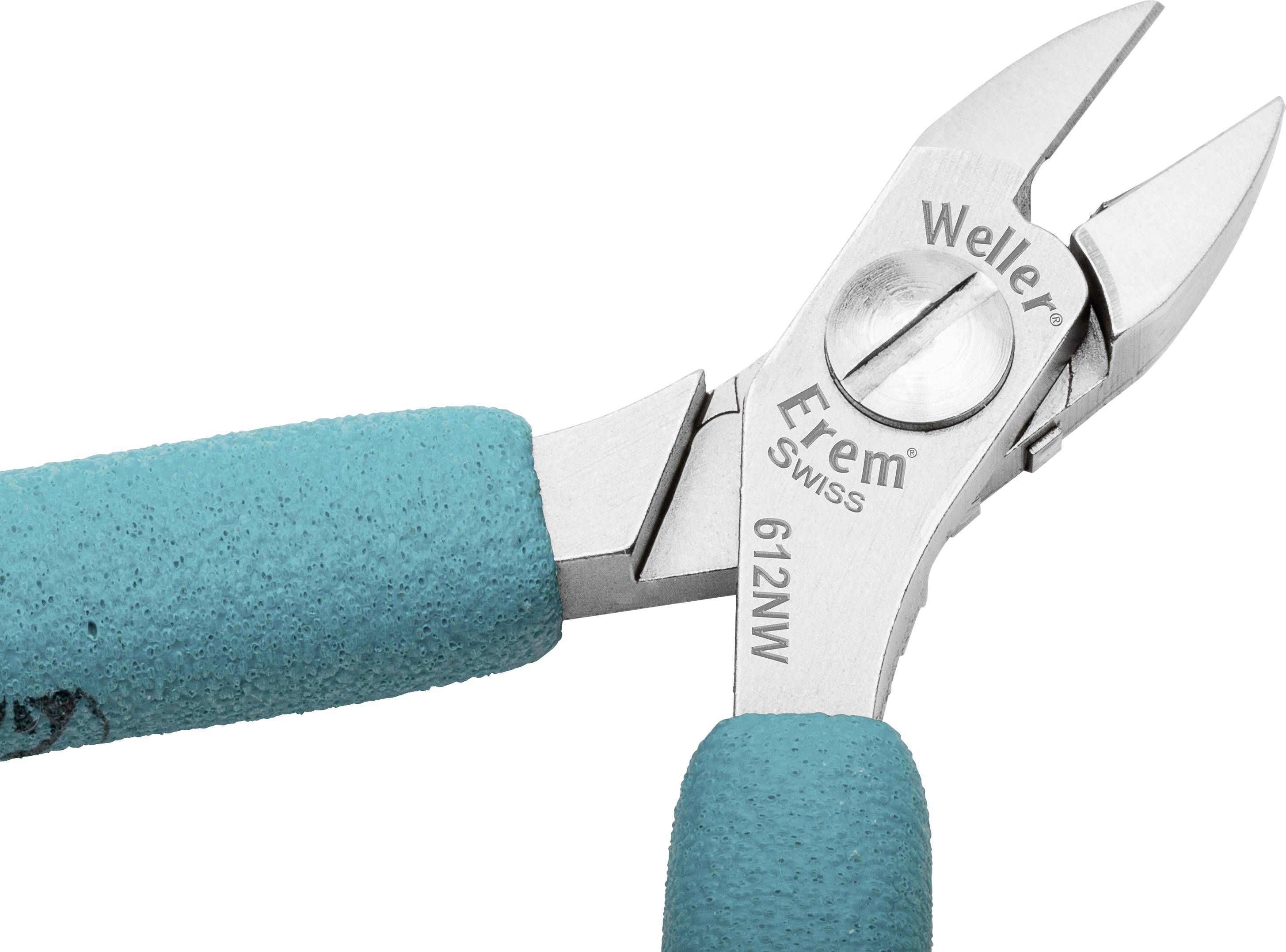 Řezací nástroj s tyrkysovými rukojeťmi a nápisem 'Weller Erem Swiss 612NW' na čepeli, určený pro přesné řezání.