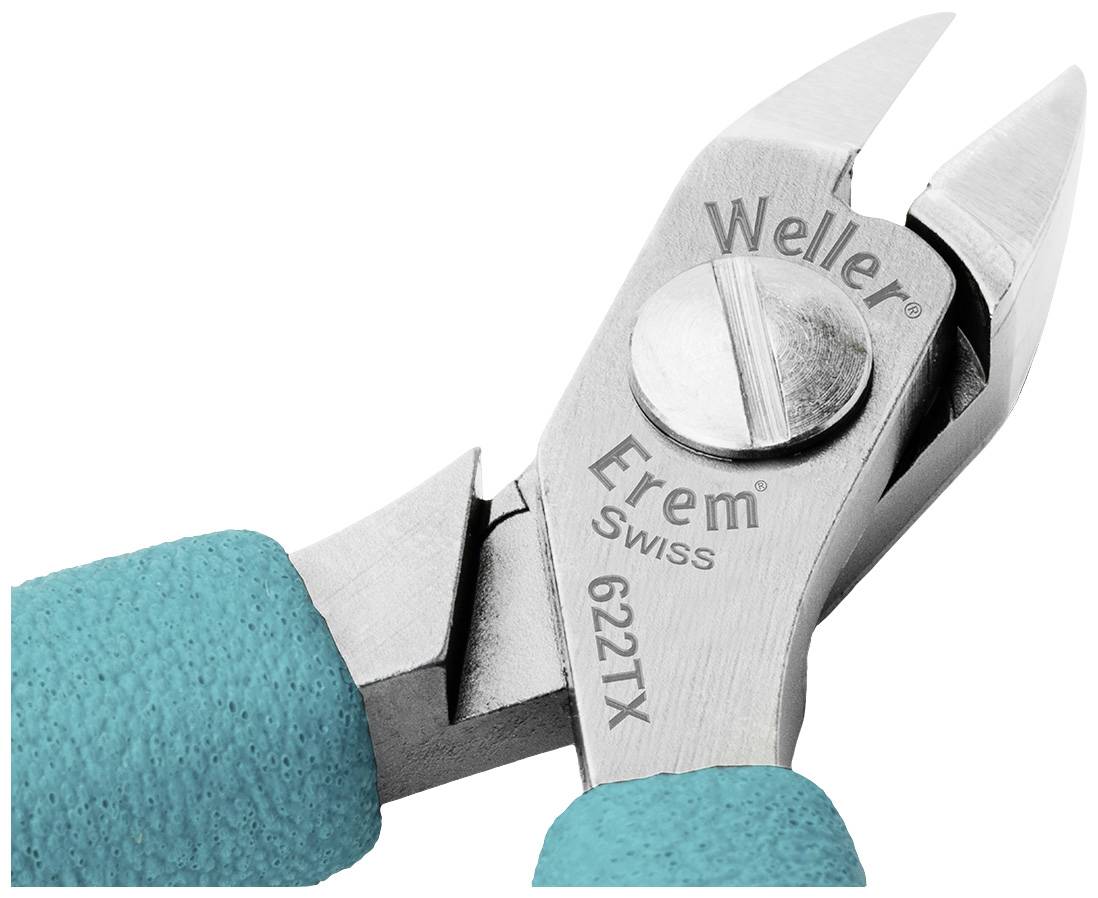 Detailní záběr štípacích kleští značky Erem Swiss, model 622TX, s tyrkysovou rukojetí.