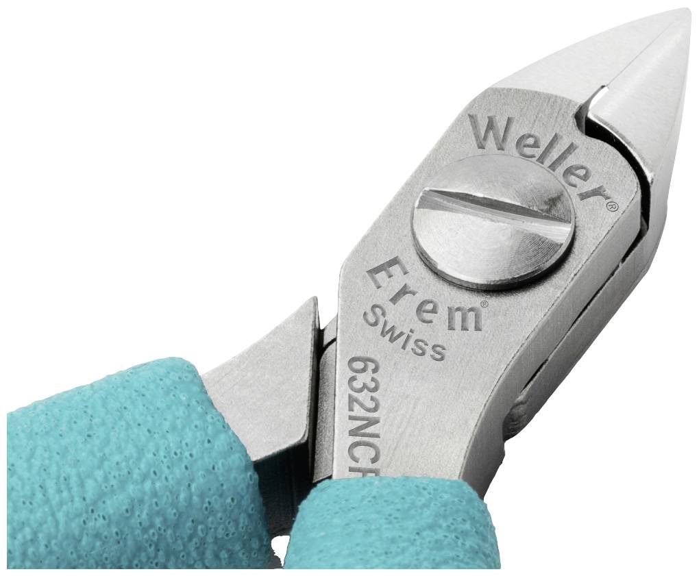 Stříbrné boční štípací kleště s tyrkysovou rukojetí, gravírované nápisem 'Weller Erem Swiss 632NCF'. Vhodné pro precizní řezání.