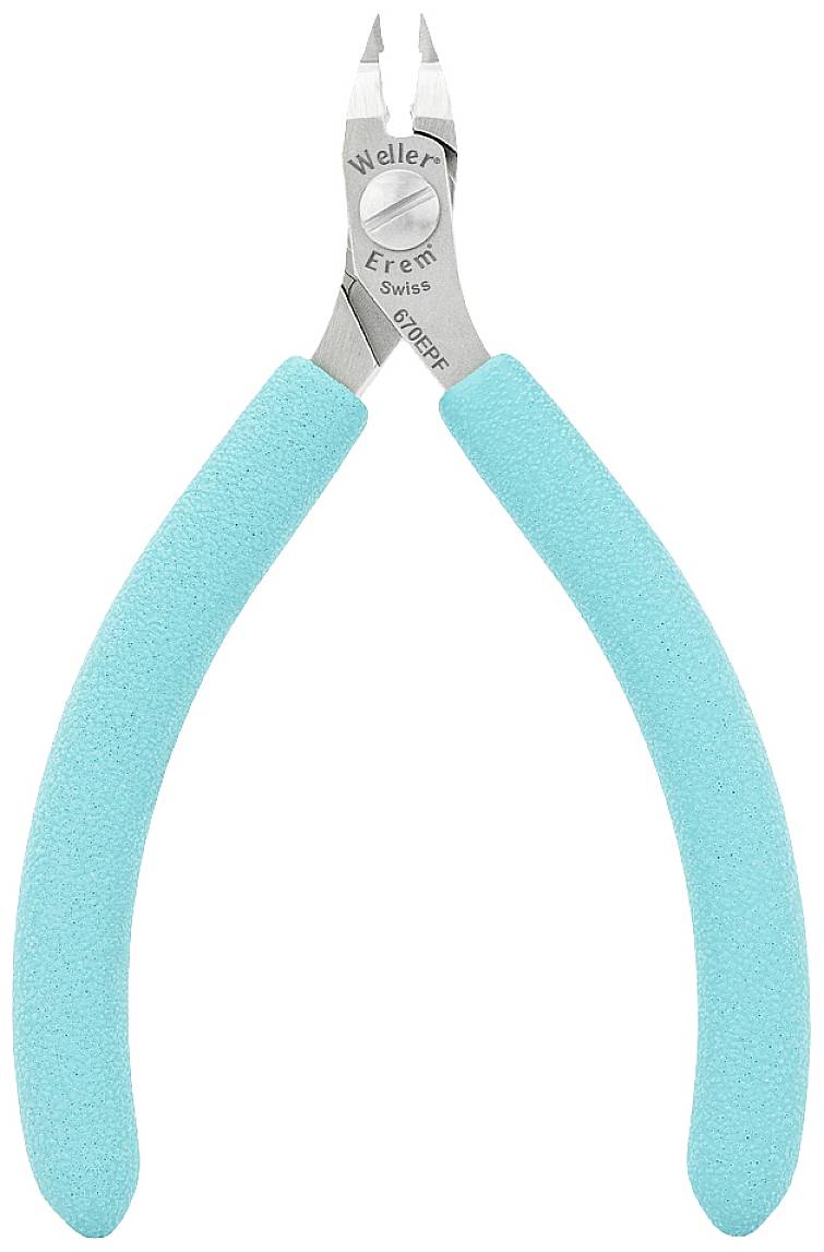 Tyrkysové kleště se stříbrnými řezacími hroty, vhodné pro přesné stříhání jemných drátů a elektronické práce.