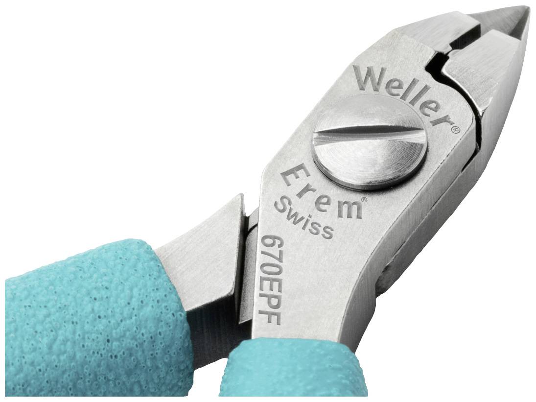 Detailní pohled na štípací kleště značky Weller Erem, model 670EPF, s tyrkysovými rukojeťmi a stříbrnou řezací hlavou.