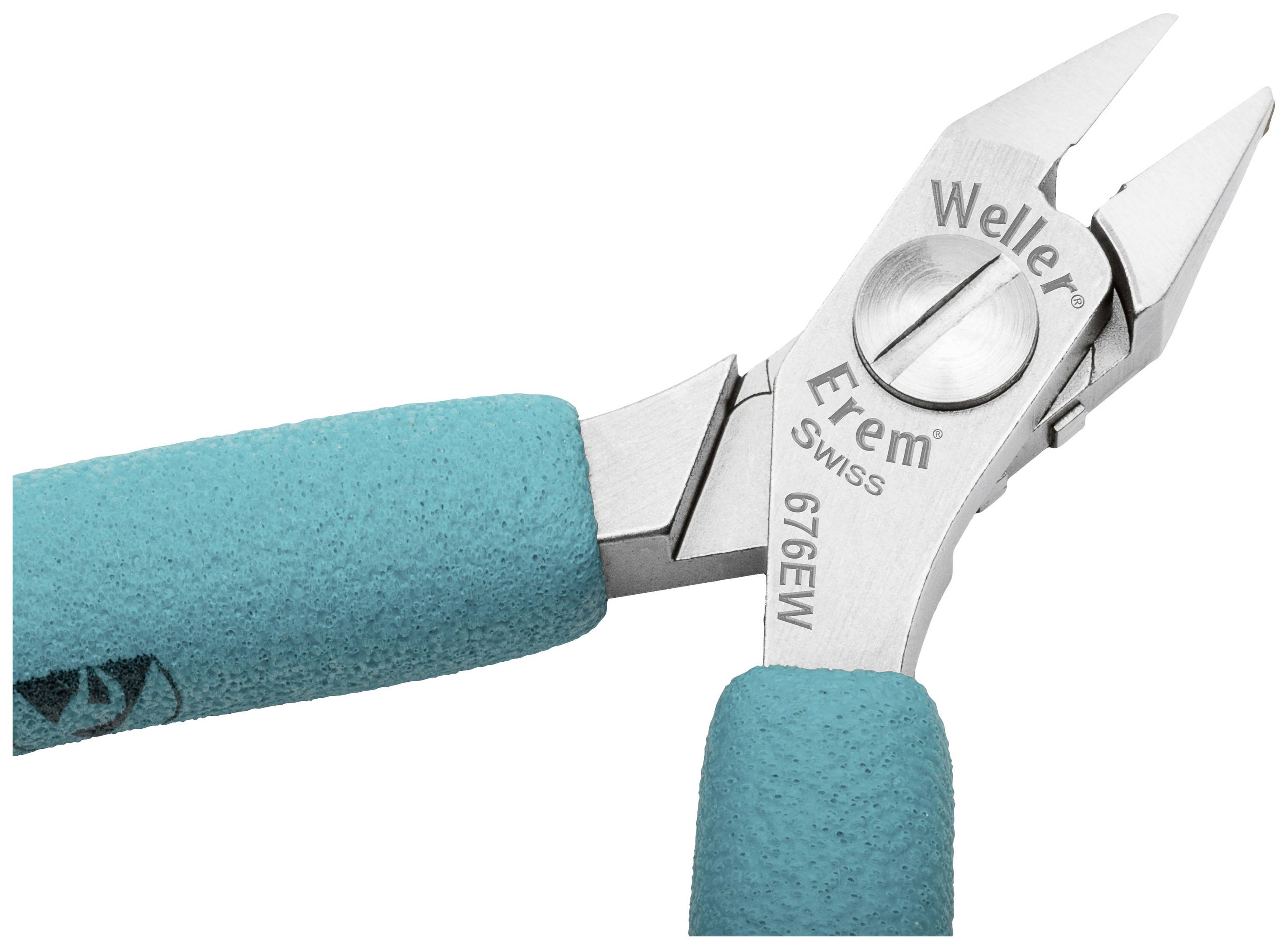 Stříbrné precizní kleště s tyrkysovými rukojeti, označené štítkem 'Weller Erem 676EW Swiss'. Vhodné pro jemné střihací práce.