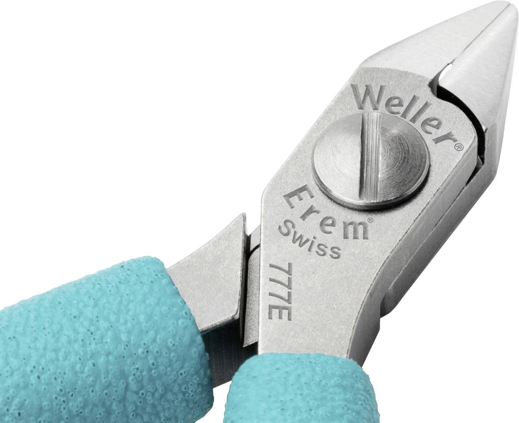 Kleště značky 'Weller Erem Swiss 771E' s modrými rukojeťmi, zobrazené v detailním záběru.