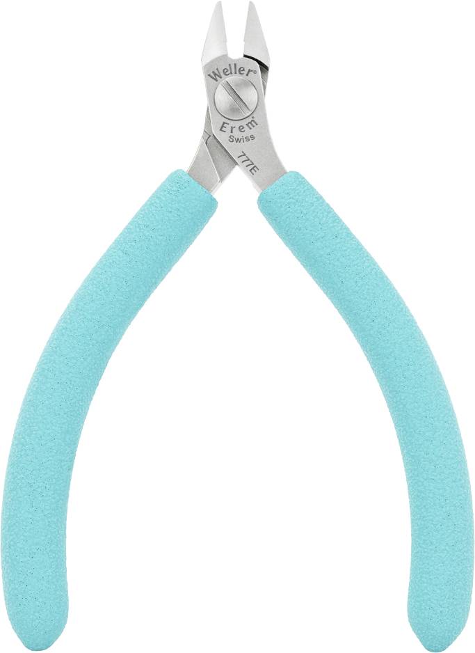 Kleště s tyrkysovými rukojeťmi, vhodné pro přesné řezání při elektronických pracích.