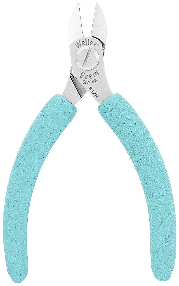 Kleště s tyrkysovými rukojeťmi, vhodné pro přesné stříhání drátů nebo jemných materiálů. Název značky viditelný na kovovém gravírování.