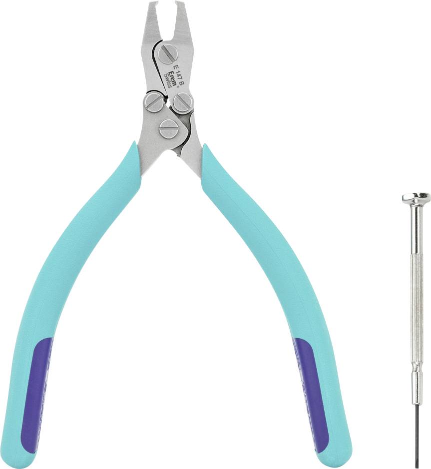 Modrý boční štípací kleště s kalennými břity, vedle nich malý šroubovák. Vhodné pro přesné řezací práce.