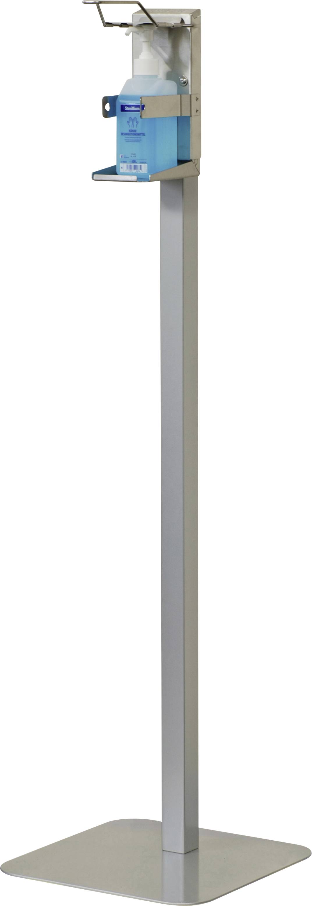 Dávkovač dezinfekčního prostředku umístěný na stříbrném stojanu, určený pro hygienu rukou, který je často umísťován v prostorách vstupů.