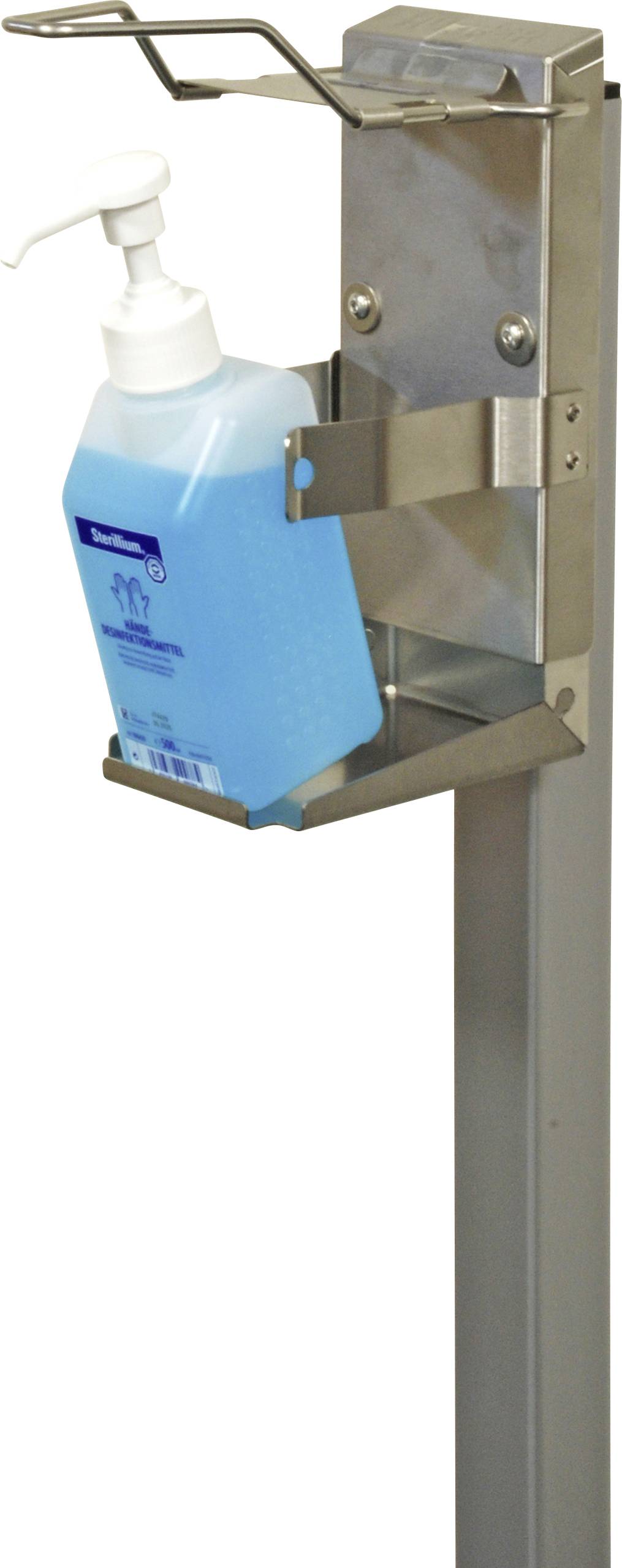 Kovový dávkovač dezinfekce s modrým dezinfekčním prostředkem na ruce uvnitř. Dávkovač je určen pro veřejné použití.