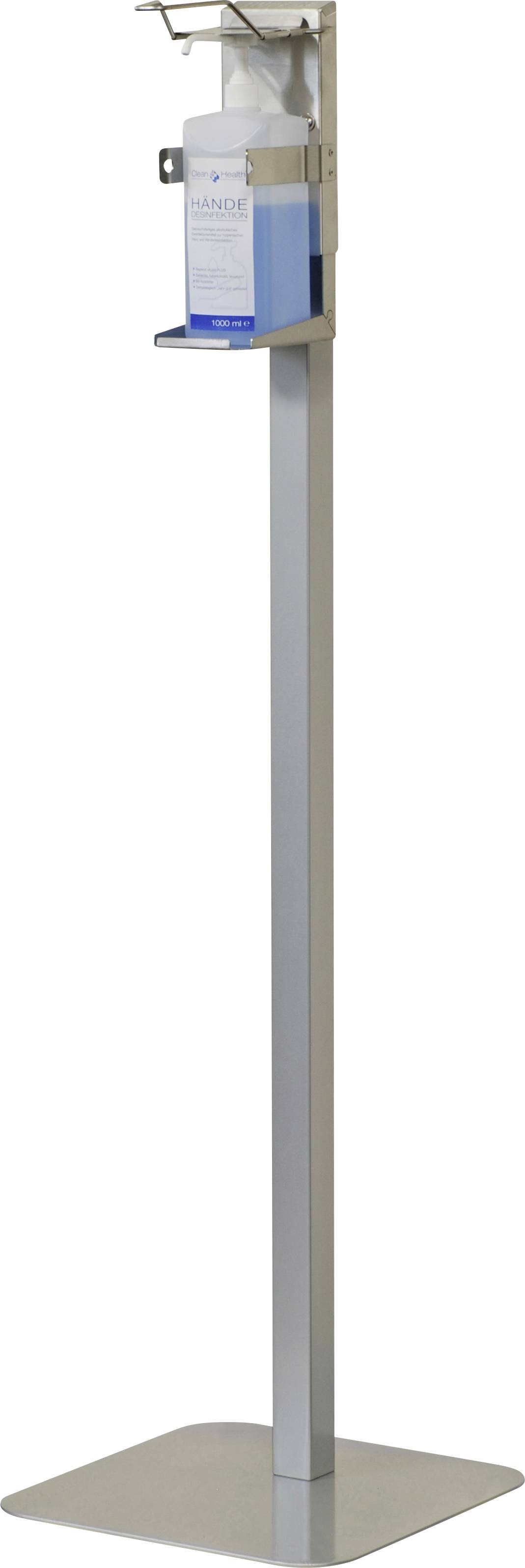 Dávkovač dezinfekčního prostředku umístěný na vysokém stříbrném stojanu. Dávkovač je průhledný a naplněný modrou kapalinou.