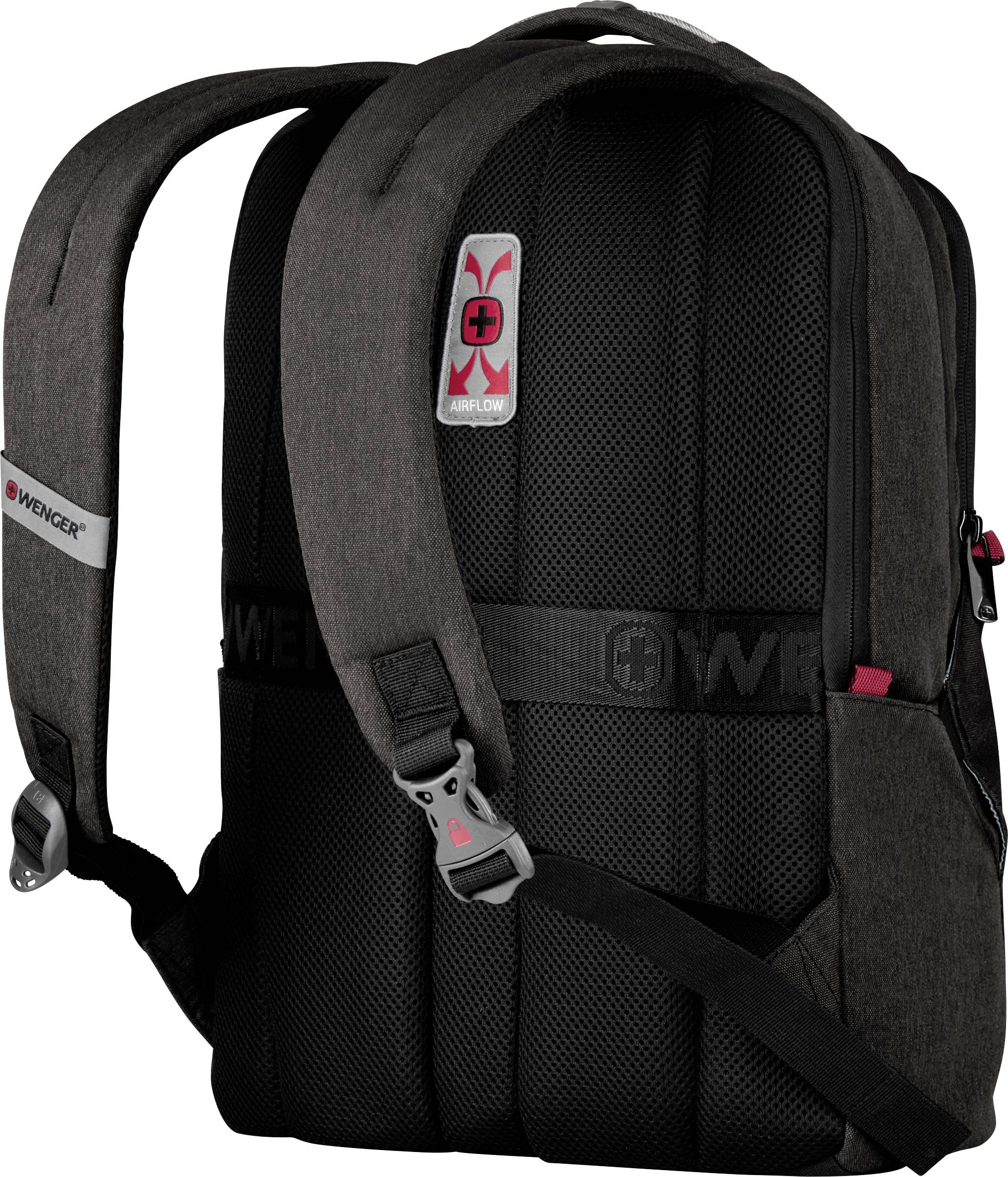 Černý batoh s ergonomickými popruhy a větracím systémem, viditelné firemní logo. Vhodný pro každodenní použití.
