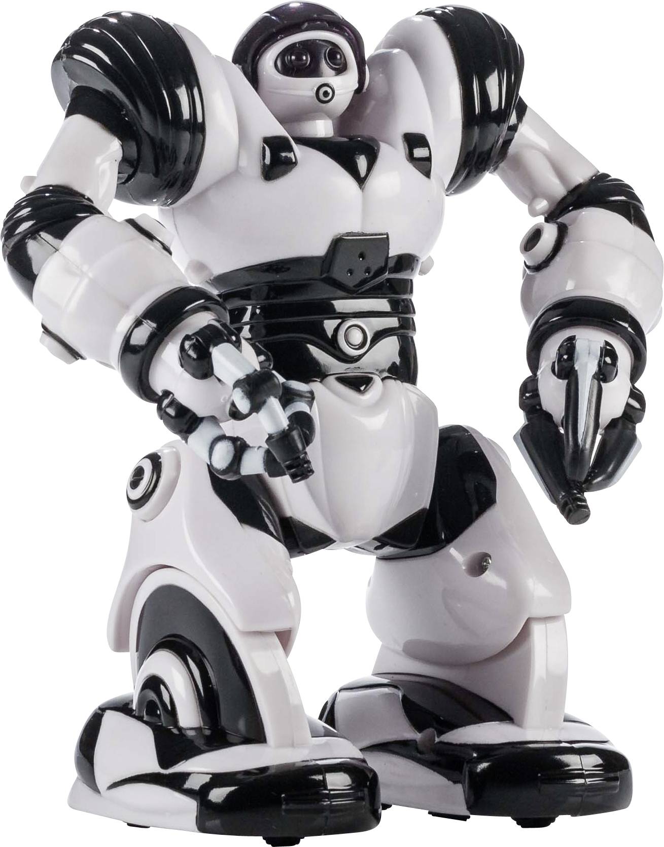 Černobílý robot se silnými, pancéřovanými pažemi a nohami stojí vzpřímeně. Působí futuristicky a humanoidně.