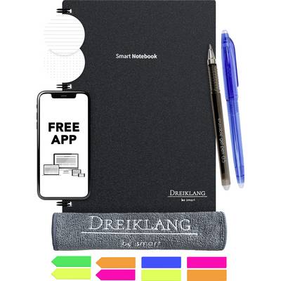 Chytrý notes s černým obalem a příslušenstvím, včetně pera, zvýrazňovačů, ručníku 'DREIKLANG' a poznámky o bezplatné aplikaci.