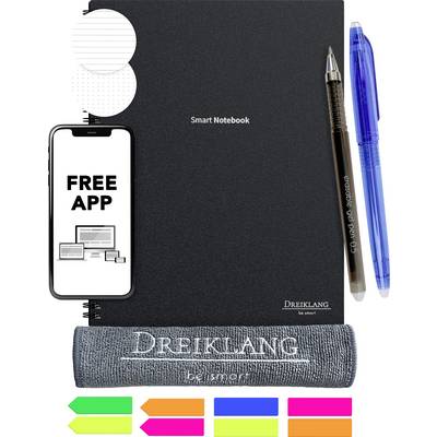 Chytrá sada poznámkového bloku, která zahrnuje černý notes, dva pera, telefon zobrazující 'ZDARMA APLIKACE', čisticí hadřík a barevné lepicí lístky.