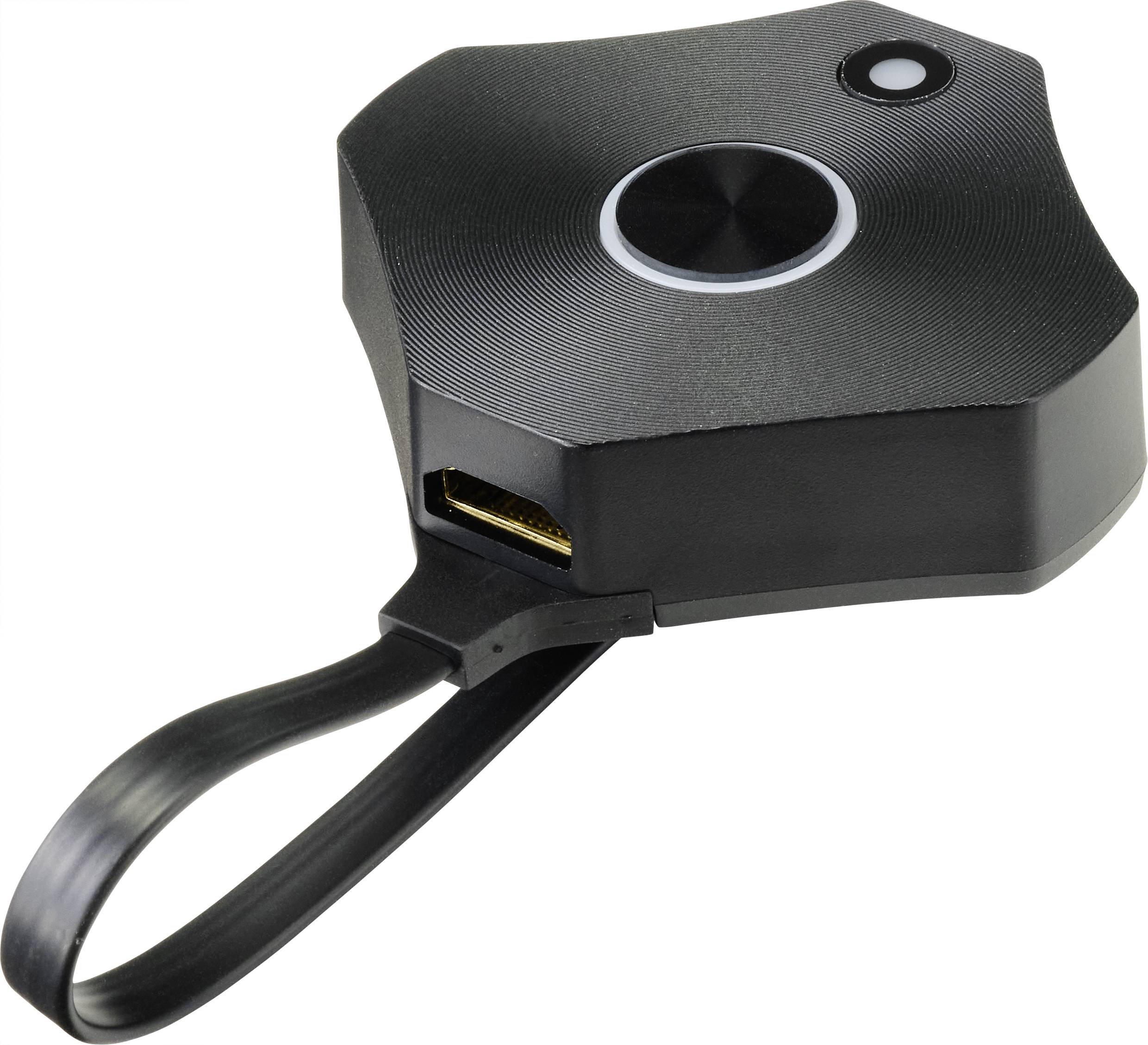 Černé šestihranné zařízení s jedním tlačítkem a USB portem, propojené plochým kabelem.