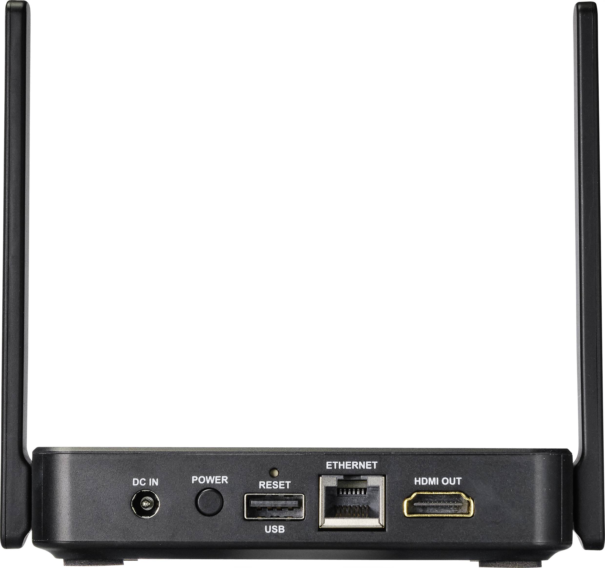 Router se dvěma anténami zobrazuje na zadní straně konektory pro napájení, USB, Ethernet a HDMI.