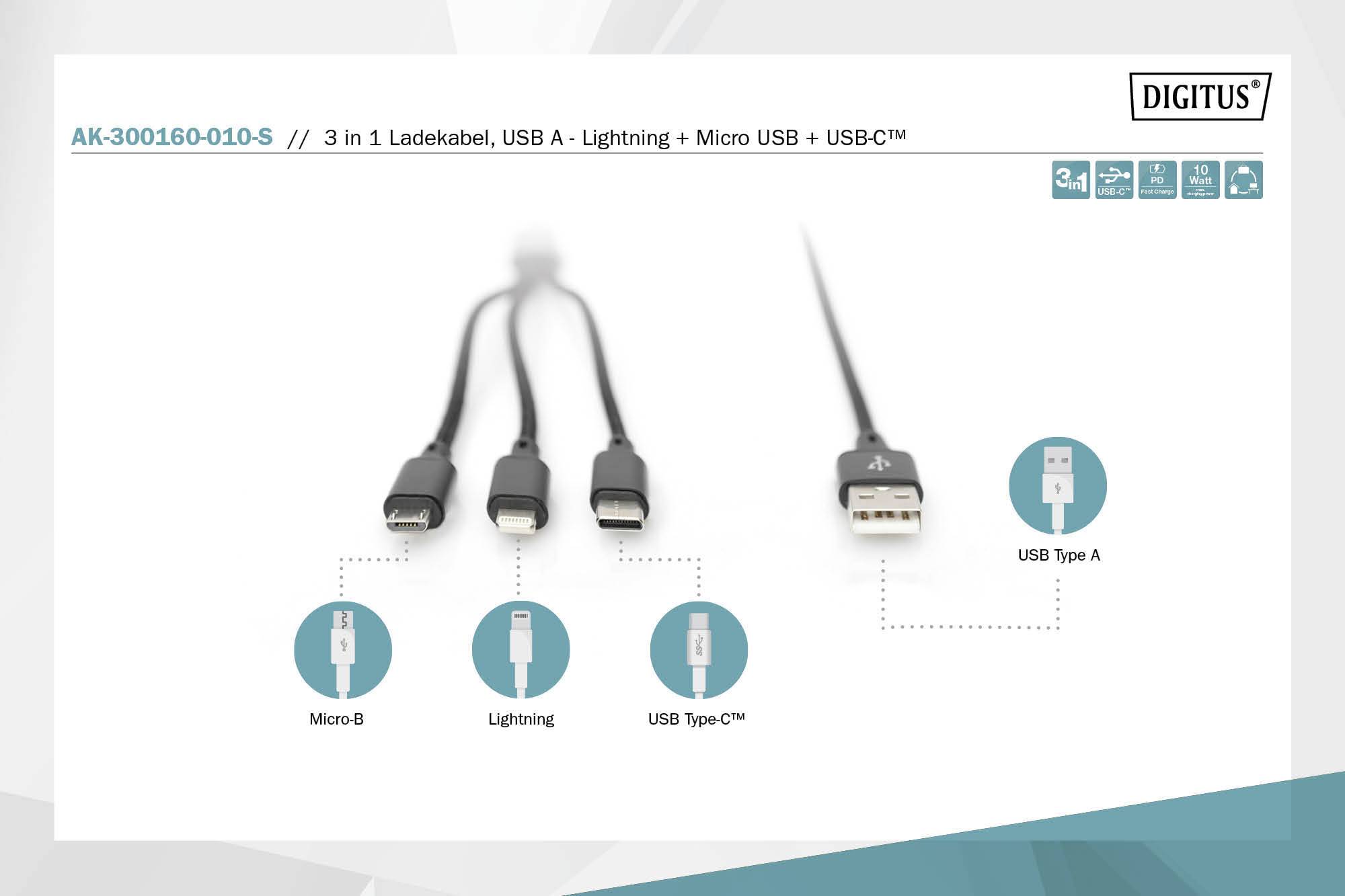 Obrázek ukazuje 3-in-1 nabíjecí kabel s USB-A, Lightning, Micro-USB a USB-C konektory, označený jako model AK-300160-010-S.