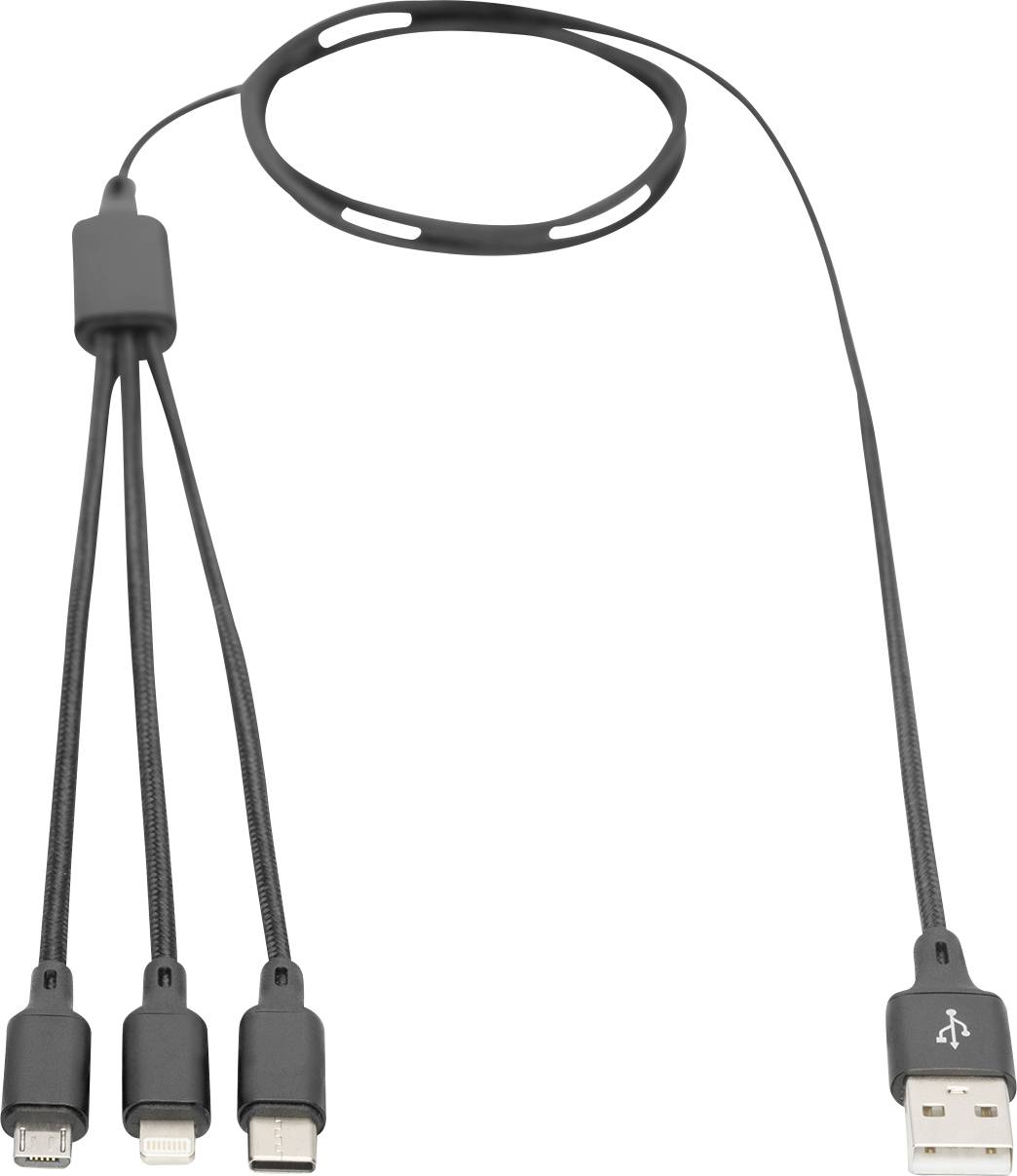 Černý multifunkční nabíjecí kabel s USB konektorem na jedné straně a třemi různými konektory na straně druhé.