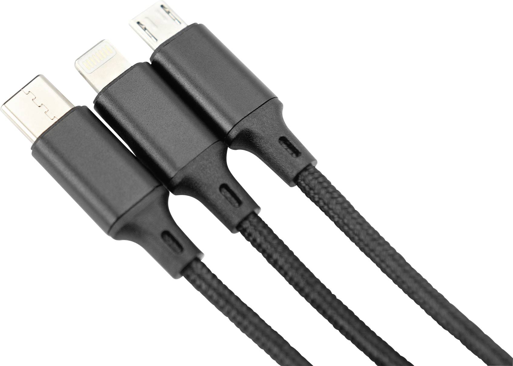 Tři černé nabíjecí kabely vedle sebe, každý s jiným konektorem: USB-C, Lightning a Micro-USB.