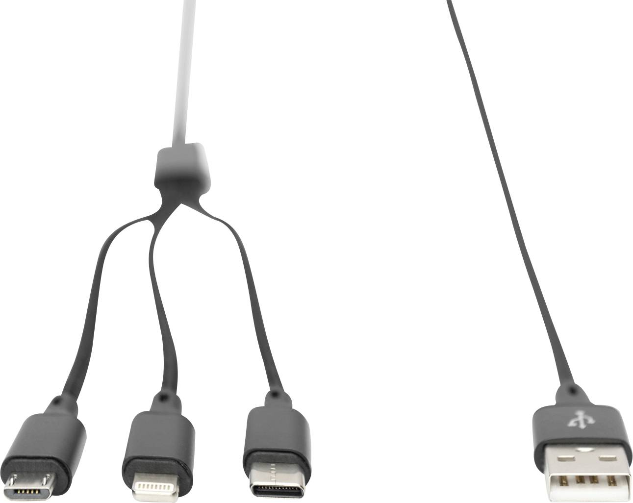 Černý USB kabel se třemi různými typy konektorů: Micro USB, Lightning a USB-C, na rozbočovači. Ideální pro nabíjení několika zařízení.