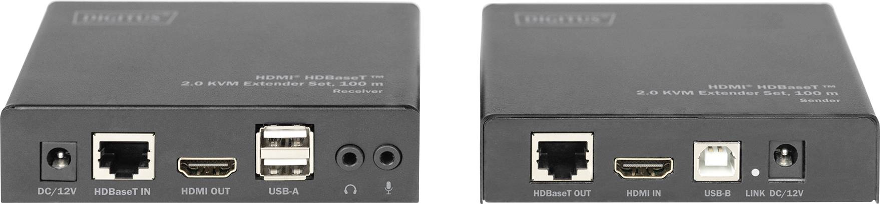 'HDMI 4K@60Hz KVM extender' Přední a zadní pohled na zařízení. Vlevo: napájení, Ethernet, HDMI IN/OUT, USB. Vpravo: Ethernet, HDMI IN, IR, napájení.