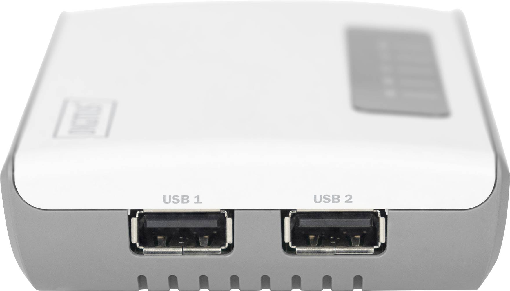 Bílý WiFi router pohled zepředu se dvěma viditelnými USB porty, označenými jako 'USB 1' a 'USB 2'.