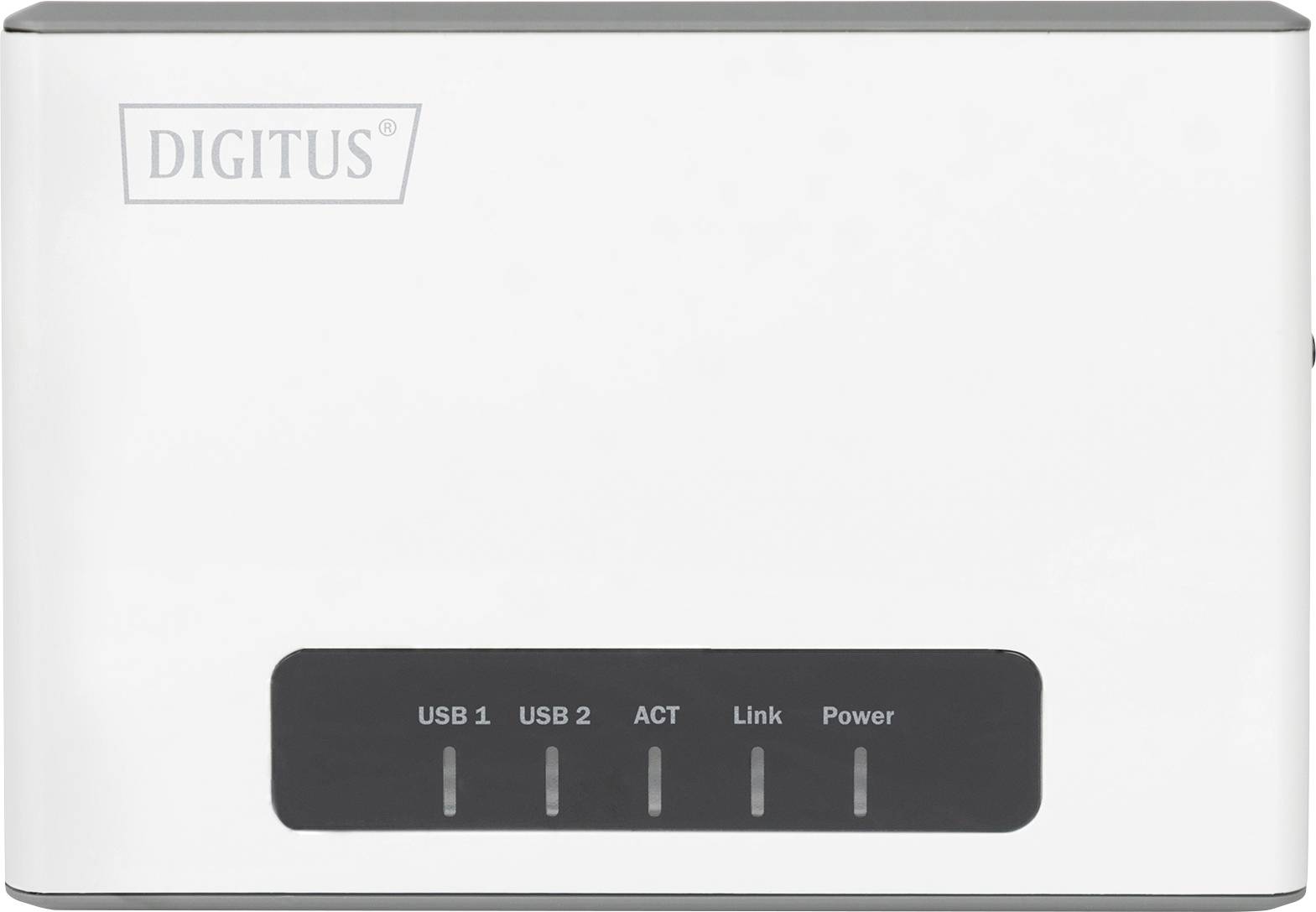 USB rozbočovač s pěti LED indikátory: USB 1, USB 2, ACT, Link a Power. Vlevo nahoře je viditelné logo společnosti 'DIGITUS'.