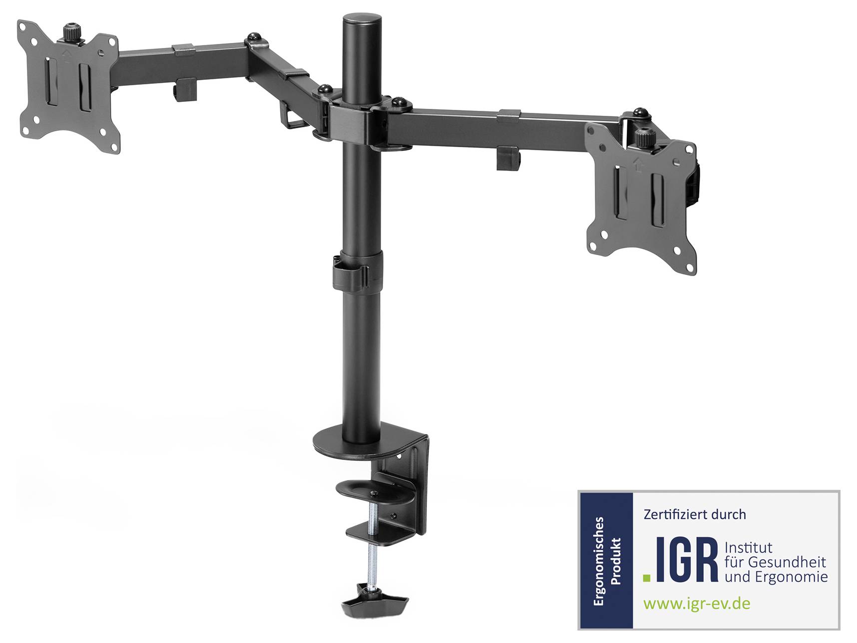 Držák na dva monitory, černý, s nastavitelnými rameny pro montáž na psací stůl. Dole vpravo je logo Institutu pro zdraví a ergonomii.