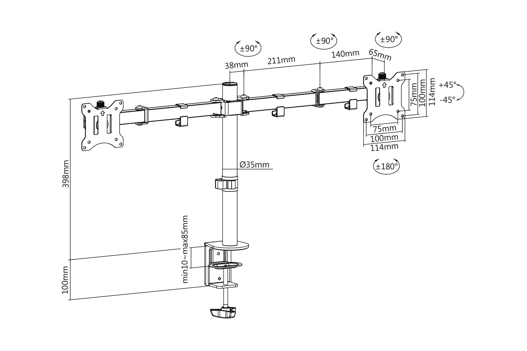Diagram držáku monitoru pro dva monitory s nastavitelnými rameny. Rozměry a úhly otočení jsou uvedeny: výška 398 mm, šířka 911 mm.